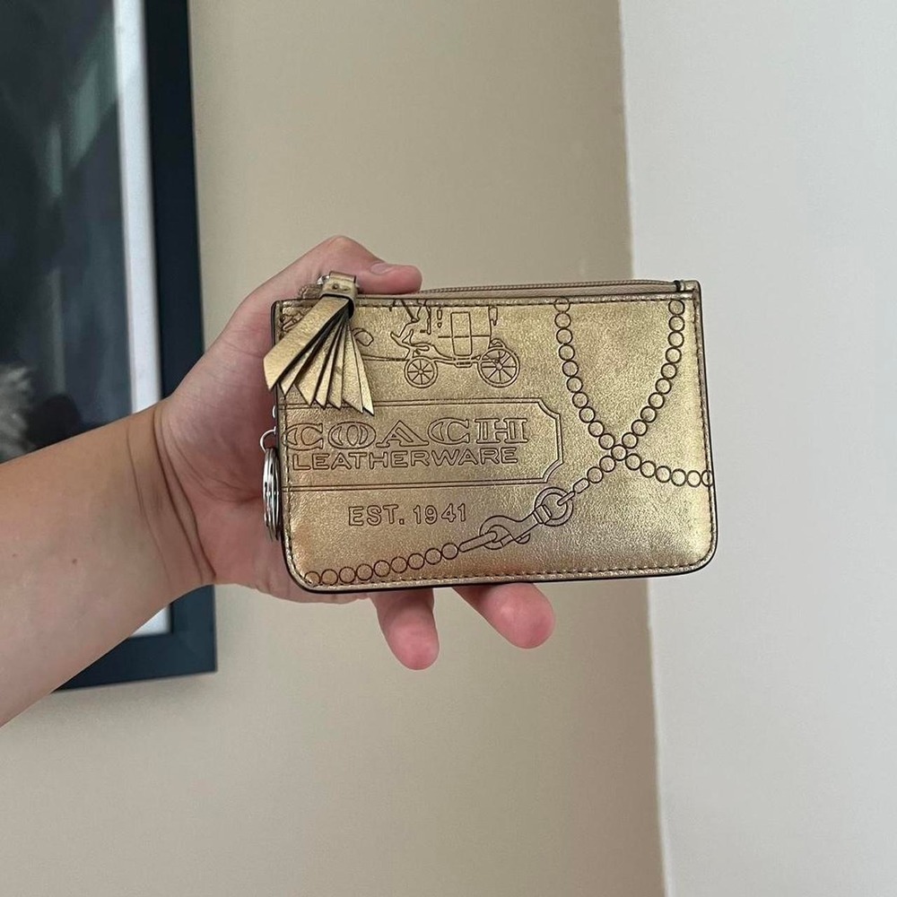 y2k 2000s metallic gold coach graphic embossed keychain wallet / cardholder
